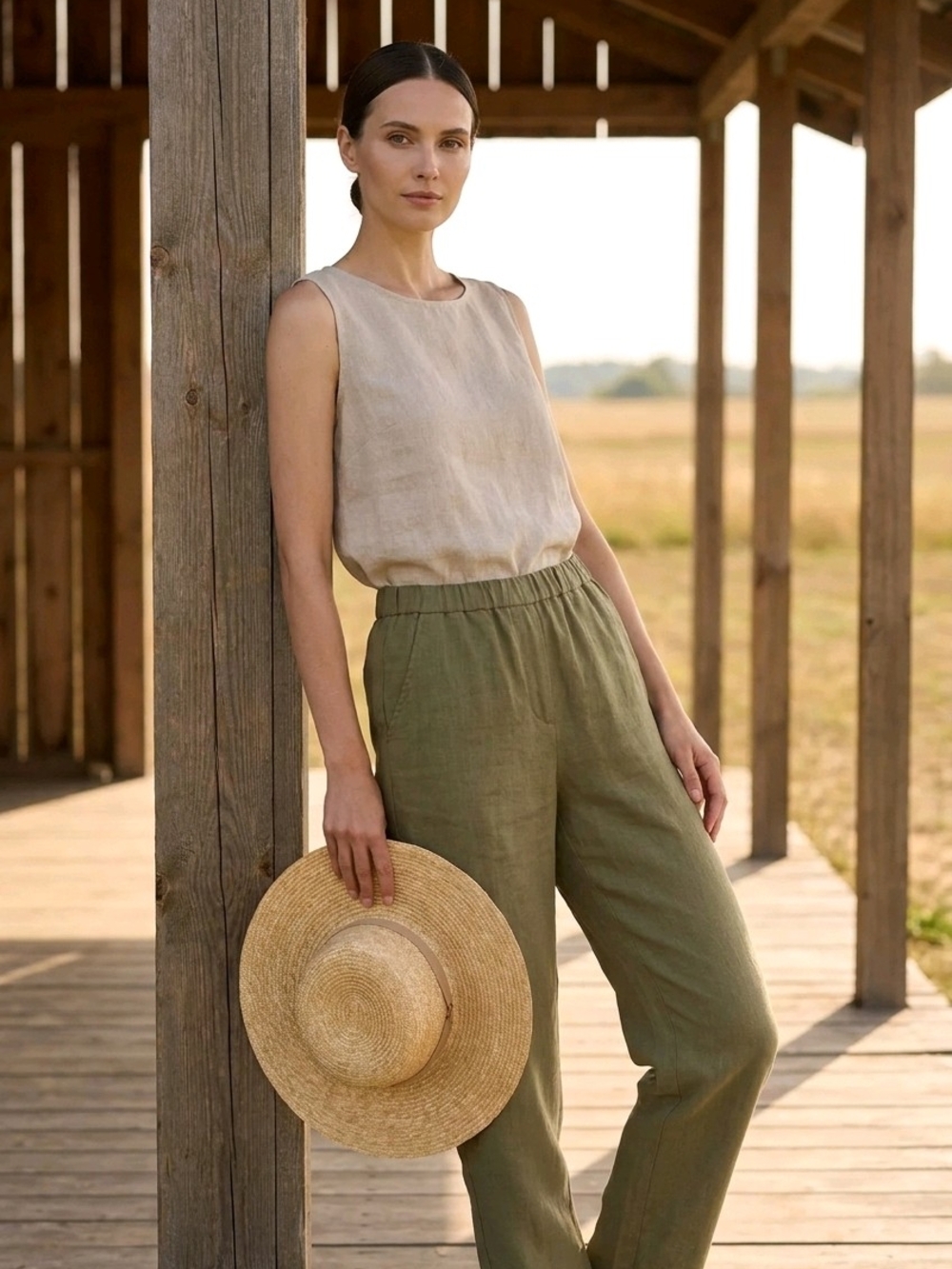 Calypso St. Barth Olive Wide-Leg Linen Pants